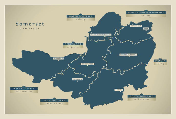 Modern Map - Somerset county with district labels England UK illustration Yeovil